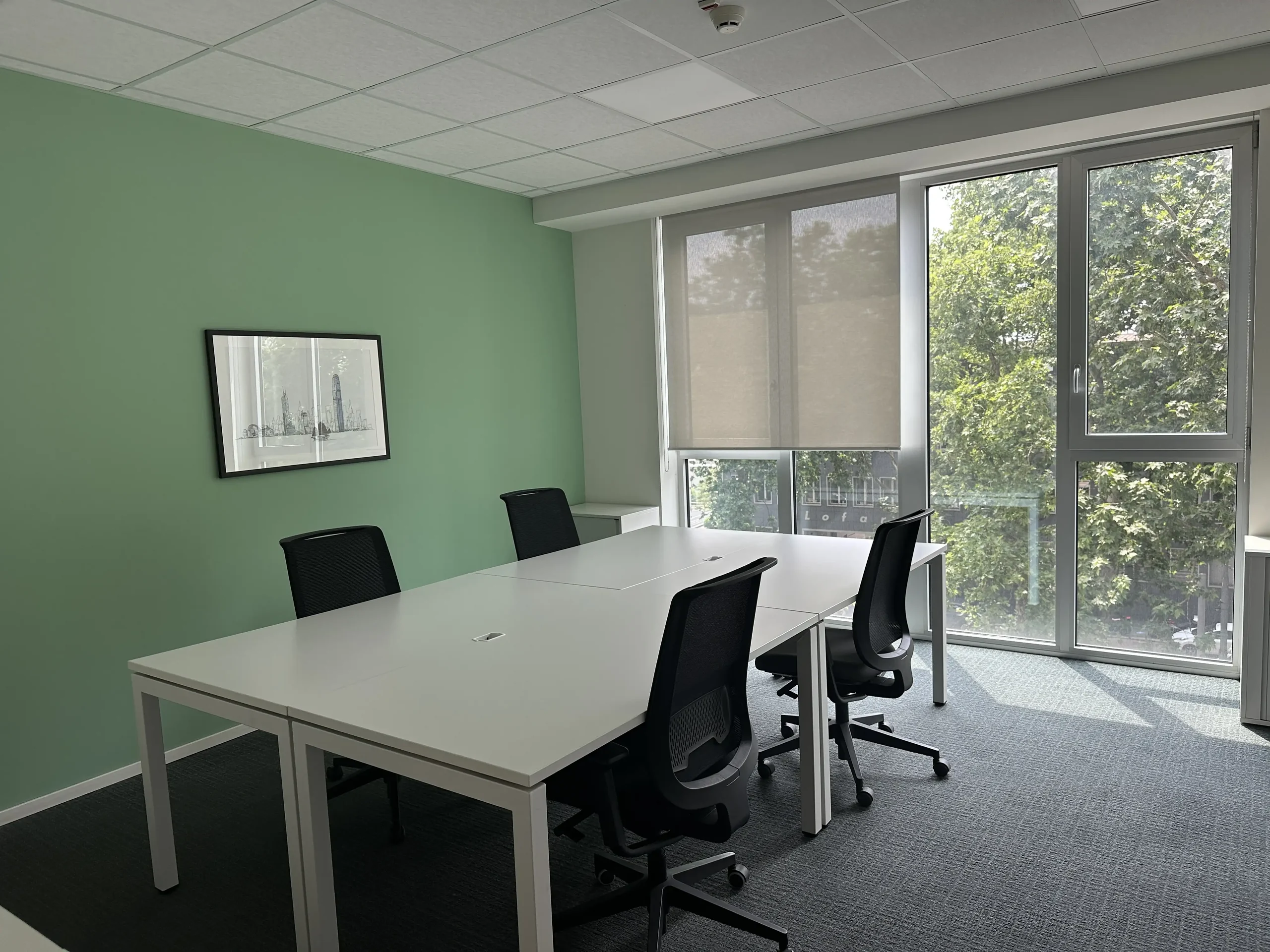 Private office with a window front onto trees