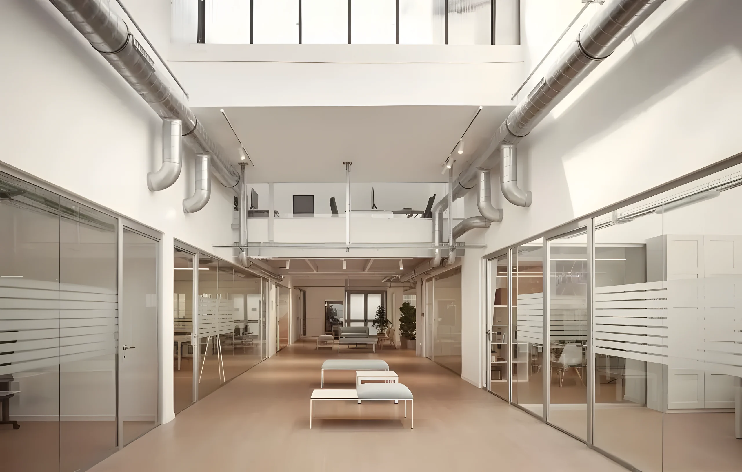 Corridor lined with glass-partitioned offices