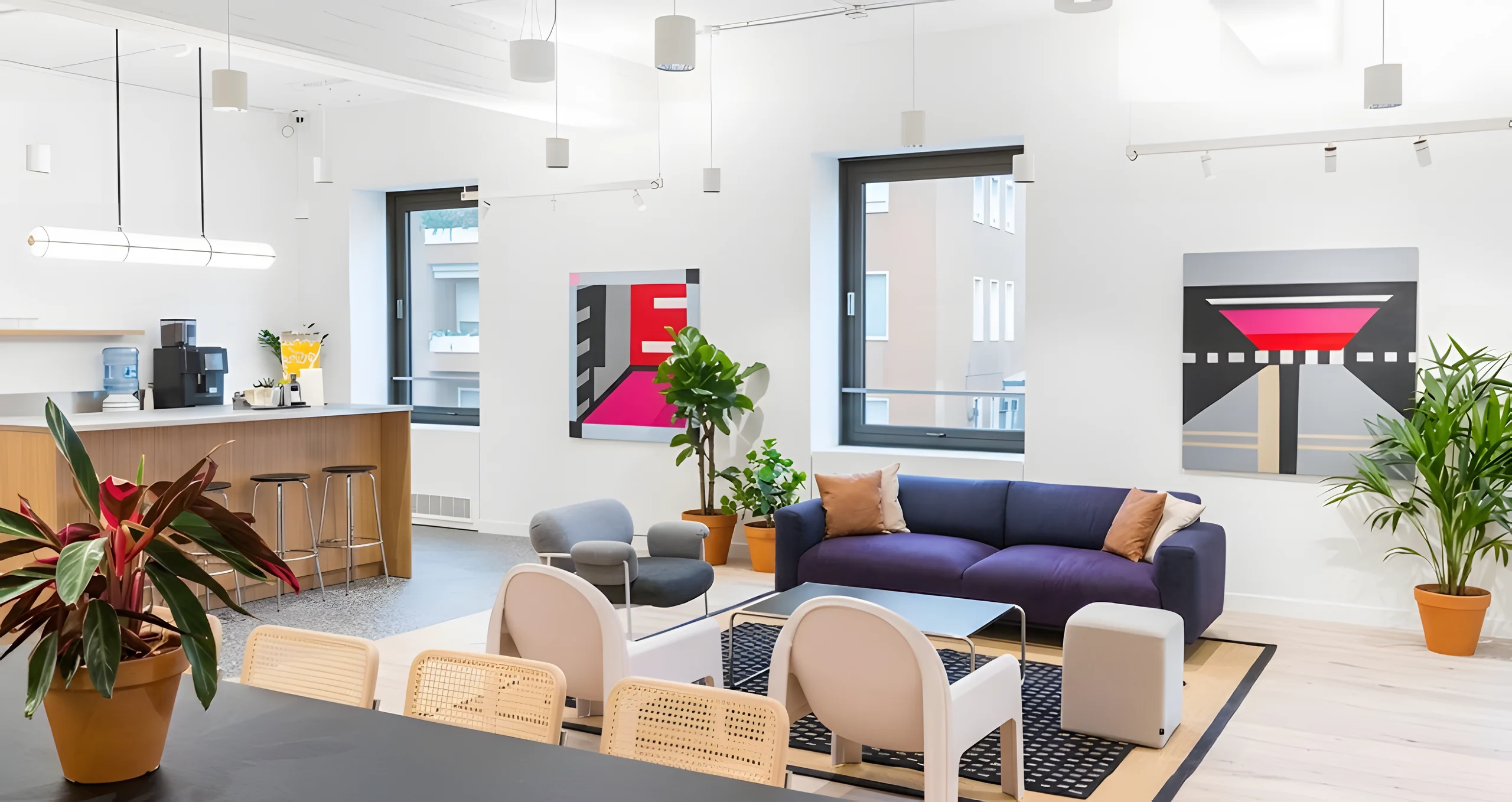 Lounge with sofas and a coffee bar