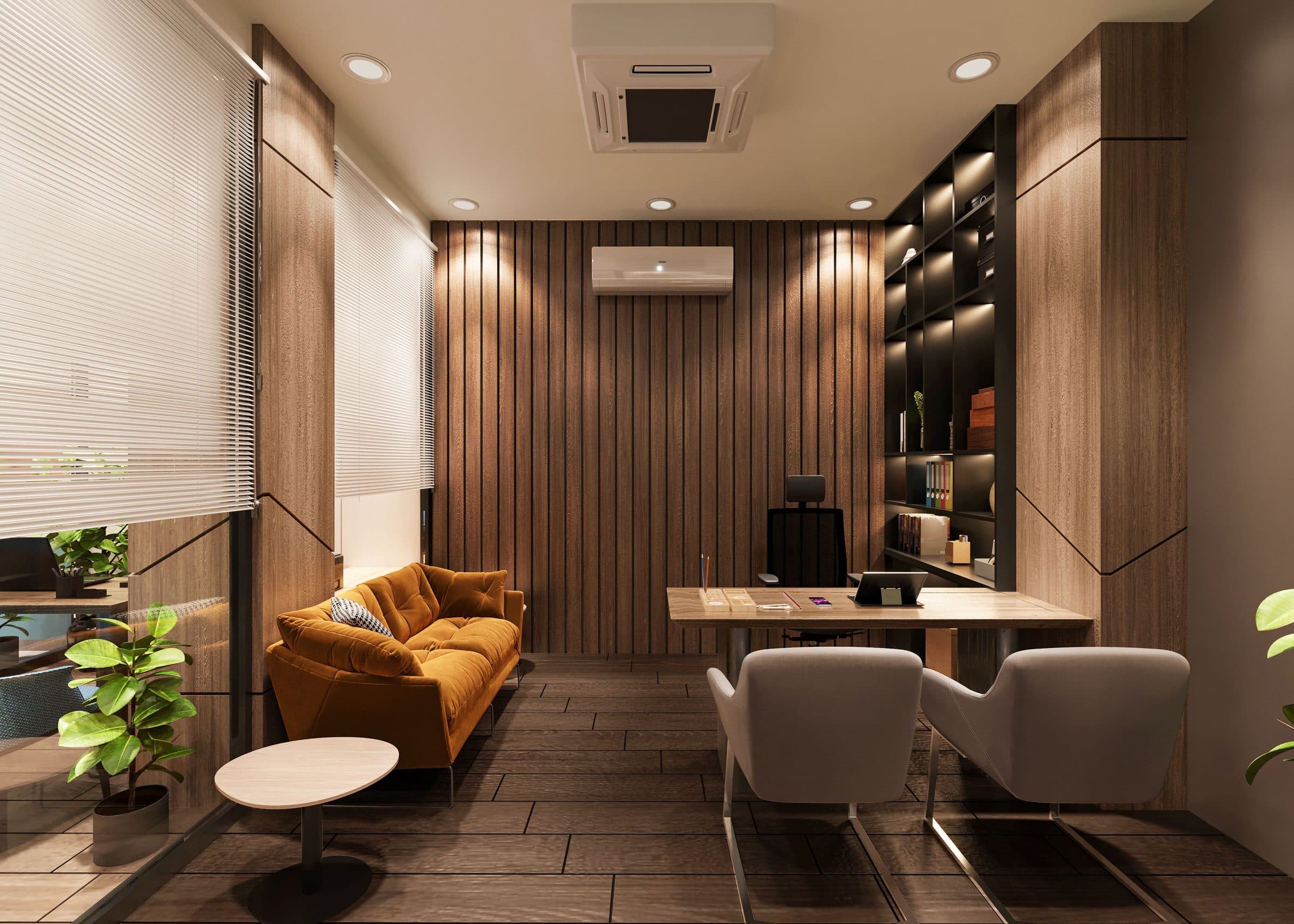 A private office with wood-slat walls, a desk and a sofa